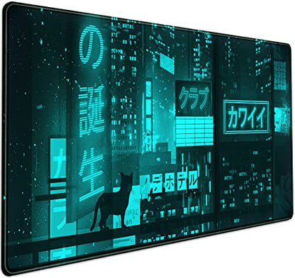 Cyan Green Japanese Desk Mat, Neon Tokyo Extended Mouse Pad Anime Cat Desk Pad, Gaming Mousepad XXL, Large Keyboard Mat for Gamers, Cool Computer Mat for Desk with Stitched Edges 31.5X15.7 in - color: Q-vaporwave Ice Blue City