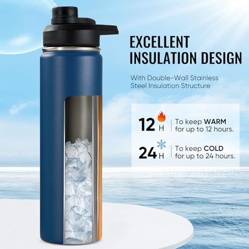 Fijinhom Insulated Water Bottle with Handle, 304 Stainless Steel Water Bottles with Wide Mouth, Double Wall Vacuum Sports Water Bottle, BPA Free, Keep Cold and Hot, 24 Ounces, Navy Blue - color: Navy Blue, size: 24 Ounces