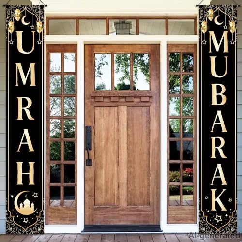 Ramadan Decorations Umrah Mubarak Door Banner Ramadan Mubarak Porch Sign Umrah Mubarak Decorations for Eid Mubarak Party Decoration Supplies 71x12inch
