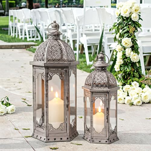 JHY DESIGN Set of 2 Decorative Candle Lanterns 22"&17" H Vintage Metal Candle Holder for Garden Indoor Outdoor Parties Weddings Patio Home Decor(Grey with Black Brush) - color: 22"&17"H Grey with Black Brush