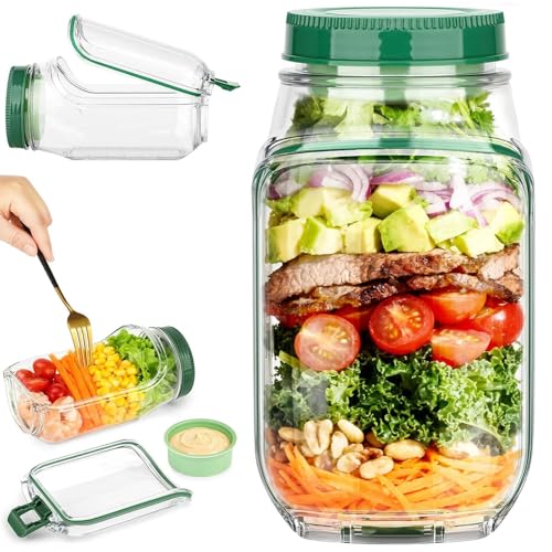 Salad Jar with Side Opening,Leakproof Portable Salad Container with Dressing Compartment,Reusable Home, Office, Travel, Outdoor Salad Container for Lunch (Green) - color: Green