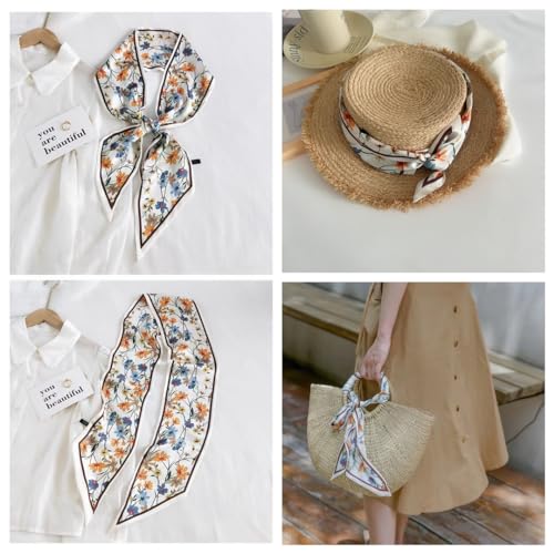 Silk Feeling Head Scarf Fashion Satin Hair Scarf Square Long Scarves for Women Gifts - color: 02 Daisy Flower Beige 5.12 X 59 Inch
