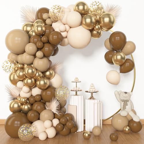 Amandir 153pcs Brown Balloon Garland Arch Kit Different Sizes 18 12 10 5 inch Brown Retro Apricot Latex Metallic Confetti Gold Balloons Neutral Bear Shower Safari Birthday Party Decorations Supplies - color: Brown