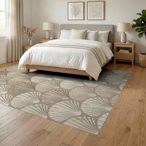 6'x9' Washable Beachy Seashell Area Rug, Beige Non-Shedding Pet Friendly Room Rug Foldable Easy Care Carpet for Queen Size Bedroom, Under Bed, Master Suite | Ref:1886597 - color: Beige/Pattern 25, size: 6' x 9' (Rectangular)