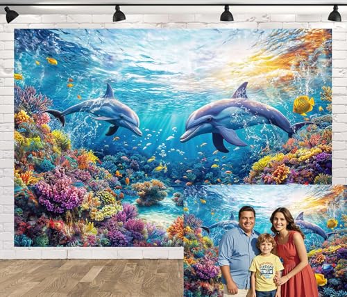 Under The Sea Backdrop, Underwater Dolphin Ocean Theme Photography Background, Summer Fish and Coral Birthday Baby Shower Party Decorations Banner Studio Photo Booth Propsh 5X3FT - color: Multi, size: 5X3FT