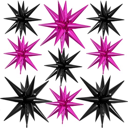 9Pcs Hot Pink and Black Star Balloons, Spike Foil Balloons Party Decor - color: Hot Pink + Black