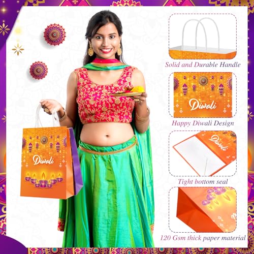 Kolldenn 12 Happy Diwali Treat Bags with Handle - Festival of Lights Gift Bags for Indian Diwali Party Decor