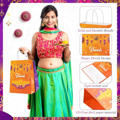 Kolldenn 12 Happy Diwali Treat Bags with Handle - Festival of Lights Gift Bags for Indian Diwali Party Decor