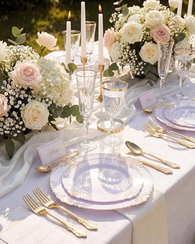 Nervure 175PCS White and Gold Plastic Plates - Disposable Dinnerware Set Include 50 Gold Plates for Dinner and Dessert, 75 Cutlery, 25Cups 25Napkins for Wedding & Party - color: Gold, style: 175Pcs(25Guests)