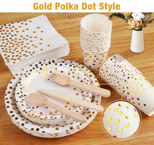 200 Pcs Birthday Plates and Napkins, White and Gold Plates Disposable, 25 Guests Party Plates Set, Plate and Napkins Party Supplies, Including Spoon, Fork, Knife, Drinking Cups for Wedding Christmas