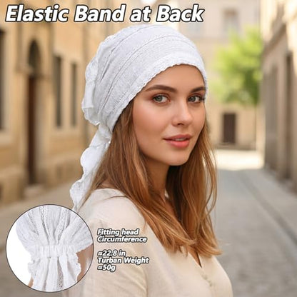 Women Slip-On Pre-Tied Beanie Headwear, Turban Covering Wrap Beanie Caps Headscarf, Stretchy Elastic Band Headwrap - color: White