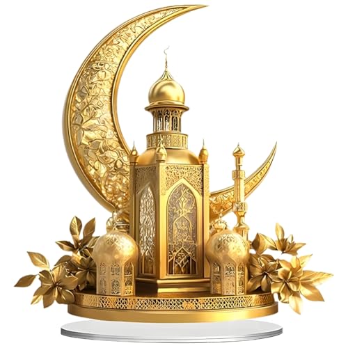 Eforcase Ramadan Decorations Table Decor Eid Mubarak Islamic 2D Moon Castle Sign Ornaments for Muslim Islam Ramadan Eid Decorations Art Arabic Accessories Acrylic Tabletop Decorative Sign - color: Gold