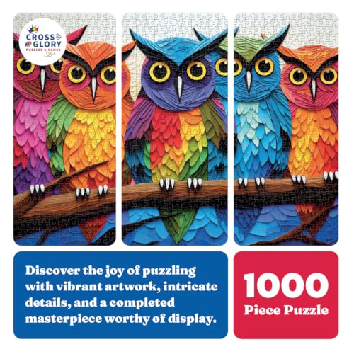 Cross & Glory | 1000 Piece Jigsaw Puzzles for Adults | Kaleidoscopic Owls - color: Kaleidoscopic Owl Colorful Night's Watch