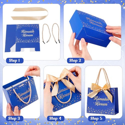 Glenmal 60 Pcs 5.51x2.36x4.72'' Ramadan Gift Bags Ramadan Mubarak Blue Paper Party Bags Eid Mubarak Treat Goodie Bag with Handle and Ribbon for Ramadans Kareem Eid Mubarak's Party Supplies - color: Blue, size: 1 count (Pack of 60)