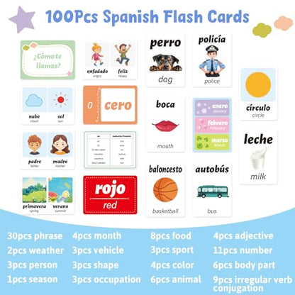 Ceiba Tree Spanish Flash Cards 100 English to Spanish Verb Conjugation Phrases Adjectives Colors Educational Bilingual Flashcards Learn Español for Kids Adult Beginners Toddlers Grade School Classroom