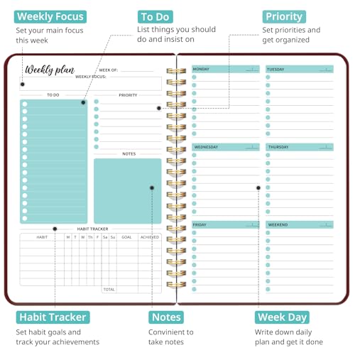 Taja Undated Weekly Planner, Weekly To Do List Notebook with Goal & Habit Tracker Organizer, A5 Weekly Planner Notebook with Spiral Binding, 6.1" x 8.2" - Burgundy - color: q.Burgundy