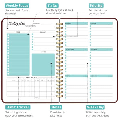 Taja Undated Weekly Planner, Weekly To Do List Notebook with Goal & Habit Tracker Organizer, A5 Weekly Planner Notebook with Spiral Binding, 6.1" x 8.2" - Burgundy - color: q.Burgundy