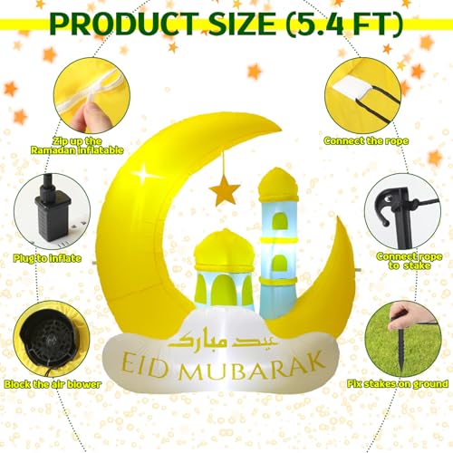 RoundFunny Ramadan Inflatable Outdoor Decorations Muslim Yard Decor with LED Lights Eid Mubarak Inflatables Islamic Blow Moon Castle for Celebrate Fasting Introspection Prayer