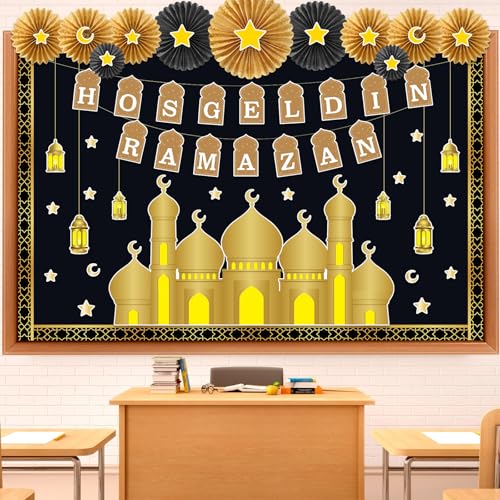 Gilprop Ramadan Bulletin Board Decorations Set Hosgeldin Ramadan Classroom Decor with 3D Paper Fans Black Gold Mosque Eid Moon Star Lantern Cutouts for Wall Door Muslim Holiday Mubarak Eid Display - style: Eid