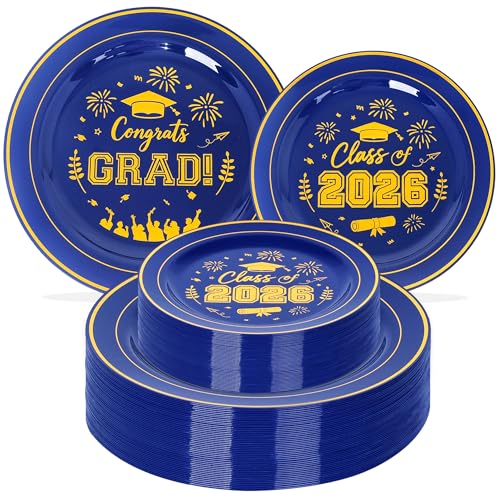 100 Pcs Graduation Plastic Plates,2026 Blue Gold Graduation Disposable Plates for 50 Guests,50 Dinner Plates 10 inch & 50 Dessert Plates 7 inch for Party,Holiday - color: Blue Gold