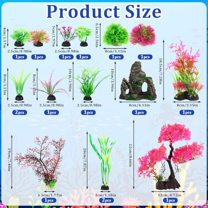 Suncalla 16 Pcs Aquarium Decor Artificial Plastic Plants Bulk Decorations Cave Rock Pink Cherry Blossom Tree Goldfish Betta Fish Tank Decorations Hides Accessories for Household Office Fish Tank