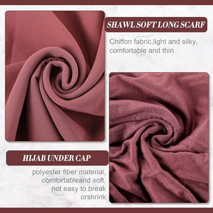 4 Pcs Women Solid Chiffon Hijab Scarves and Undercap Set Long Shawl Soft Wrap Scarves Muslim Inner Hijab Caps - color: Black, Coffee