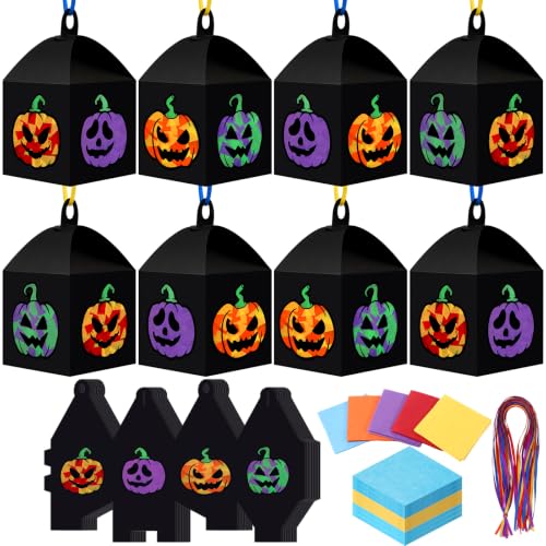 Maitys 16 Sets Halloween Pumpkin Craft Kit for Adults, Pumpkin Face Paper Lantern Suncatcher DIY Hanging Ornaments with Tissue Paper for Classroom Halloween Party Decoration - style: Pumpkin Face