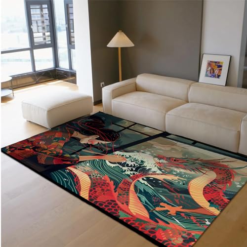 Ukiyo Style Area Rug Jackson Waves Area Rug for Home Decor Oriental Dragon and Girl Carpet for Living Room Bedroom Non Slip Rug Washable 2' x 4' - size: 2' x 4'