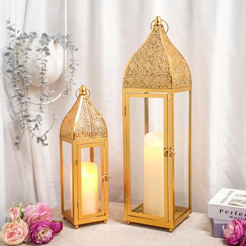TRIROCKS 2-Pack Moroccan Candle Lanterns 22'' H Metal Candle Holder with Tempered Glass for Wedding Patio Farmhouse Ramadan Christmas Home Decor (Gold) - color: Gold/Transparent Glass