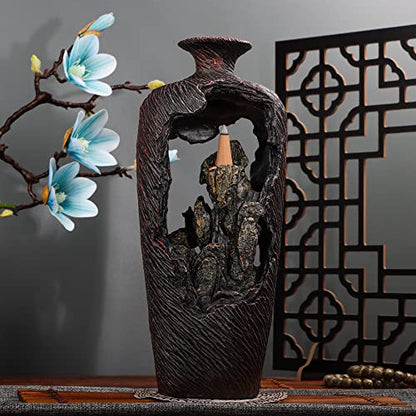 DOBEHOME Mountain Waterfall Incense Burner Backflow Incense Burner Incense Smoke Waterfall with 100 Backflow Incense Cones，Tweezer，Mat (Vase Shape)
