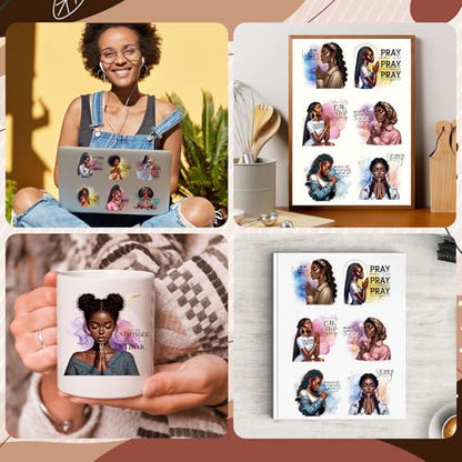 UV DTF Cup Wraps - 20 Sheets Praying Black Women UVDTF Wraps for 16 OZ Glass, Motivational Quotes UV DTF Transfer Stickers, African American Women Rub on Transfer Decals for Water Bottle Mug - style: Praying Black Women