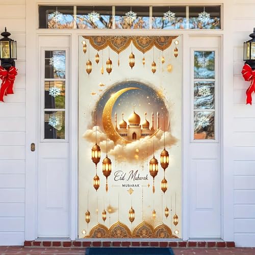 Eid Mubarak Door Cover Banner 71x35inch Golden Mosque Crescent Moon Lantern Design Ramadan Eid Festival Front Door Indoor Outdoor Decoration - color: Style 2