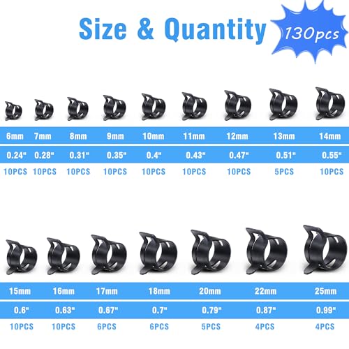 130Pcs 6-25mm Spring Band Hose Clamps With Swivel Flat Hose Clamp Plier Assortment Kit, Constant Tension Steel Clamps for Fuel Lines, Silicone, Vacuum Hoses & Low-Pressure Air Clips - size: 130pcs with Plier
