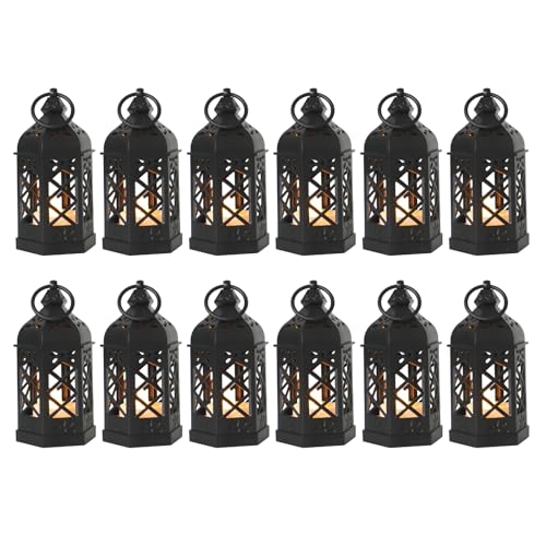 12-Pack Mini Lanterns with Flickering LED Candles for Ramadan, Moroccan Decorative Hanging Lanterns for Halloween, Christmas, Wedding, Black Lantern for Table Centerpiece, Home & Party Decor - color: Black