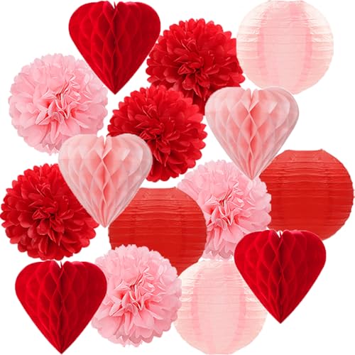 Red Pink Valentines Day Paper Flowers Hearts Honeycomb Lanterns Tissue Pom Poms 15pcs Galentines Party Decorations Anniversary Love Birthday Wedding Baby Shower Hanging Supplies Mprocherify - color: Red Pink Heart