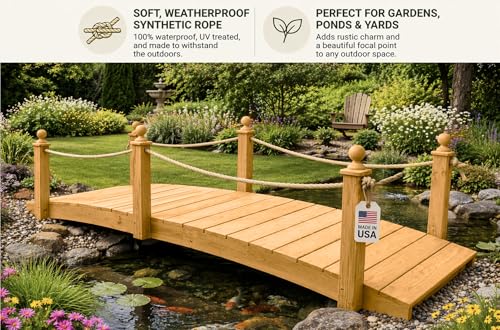 12 FT Oak Amish Rope Rail Garden Bridge, Pinewood - size: 12 FT Bridge & Rope