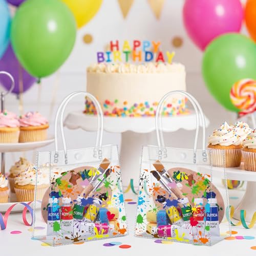 Aliceset 24 Pcs Paint Party Favor Bags Transparent PVC Painting Gift Bags with Handles Reusable Transparent Goodie Tote for Paint Splatter Birthday Art Painting Party Baby Shower Treat Totes - style: Paint