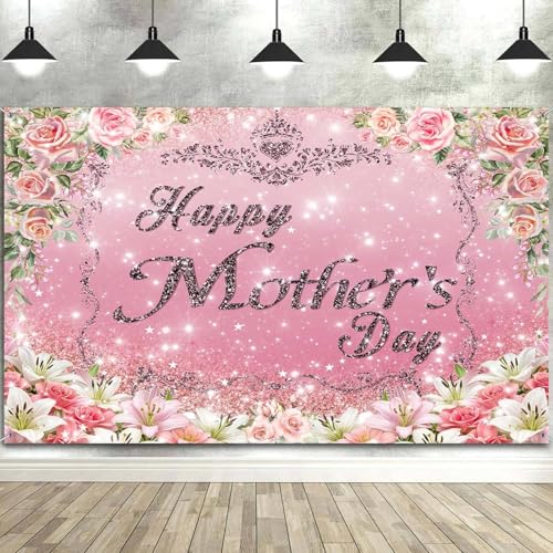 4X4ft Happy Mother's Day Backdrop Pink Floral Glitter Dots Thanks Mom Photography Background Great Mother I Love You Mom Decorations Mother Party Decorations Photo Studio Props - color: Mothers day, size: 4X4FT