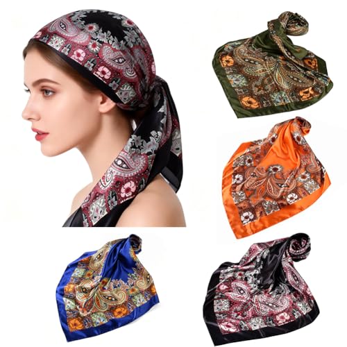 4Pcs Silk Head Scarves for Women Satin Hair Scarf 35”Large Square Bandana Silk Like Neck Scarf Shawl - color: Black/Army Green/Dark Blue/Orange