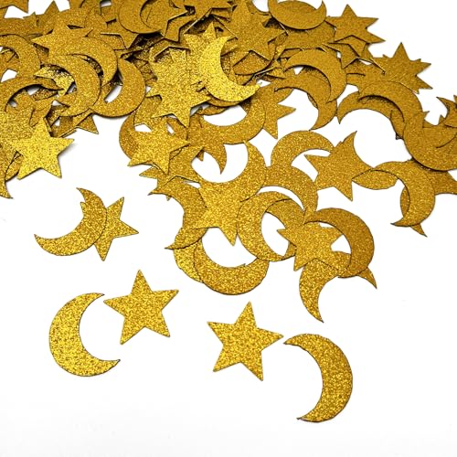 ZOOYOO Glitter Gold Star Moon Confetti for Ramadan Decor Wedding Baby Shower Party Supplies Double Sided Shiny Table Scatter 1.2 Inch 200pcs