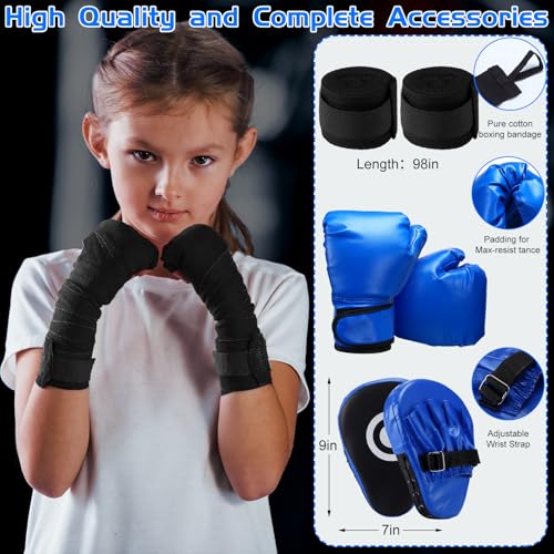 7 Pcs Kids Punching Bag Set Include Boxing Gloves, Inflatable Punching Bag, Hand Wraps, Hand Pads, Air Pump, Kids Boxing Training Set for Karate Kickboxing Taekwondo - color: Blue