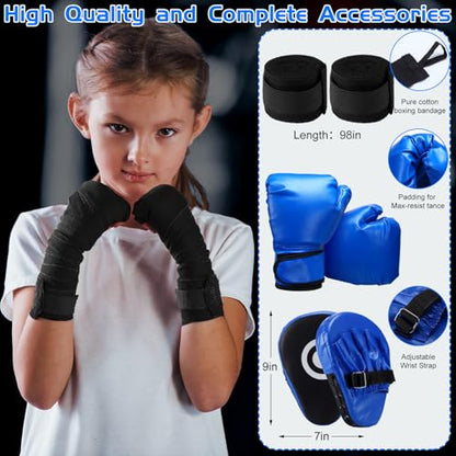 7 Pcs Kids Punching Bag Set Include Boxing Gloves, Inflatable Punching Bag, Hand Wraps, Hand Pads, Air Pump, Kids Boxing Training Set for Karate Kickboxing Taekwondo - color: Blue