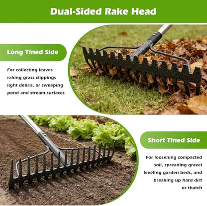 Bow Rake,Heavy Duty Metal Garden Rake for Moving Gravel Loosening Soil Leveling Ground Gathering Leaf Debris Spreading Mulch, 17 Tines,Adjustable Handle, for Lawn Garden Farm Landscape Work (77") - style: 77"