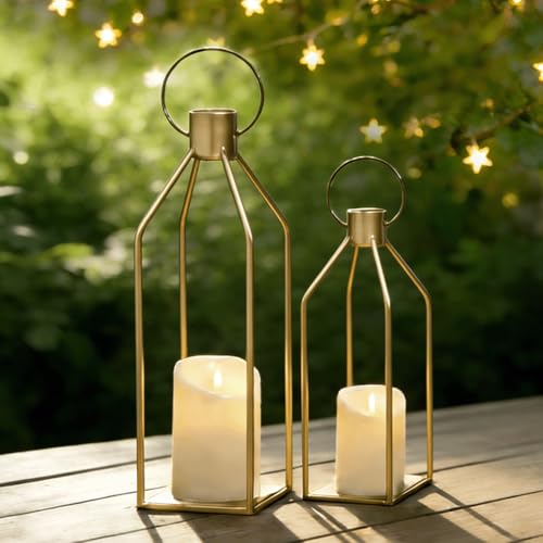 2 Pcs Lanterns Decorative Indoor, Set of 2 Gold Metal Candle Lantern Modern Farmhouse Lanterns Decorative for Home Decor, Mantle, Patio, Porch, Garden - size: 2pcs-Gold