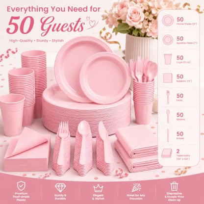 Tinybee 352 Pcs Pink Plastic Plates, Disposable Dinnerware Set for 50 - color: Pink