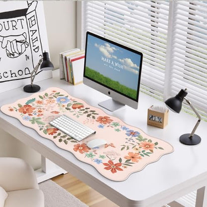 HAOCOO Cute Desk Pad for Desktop Setup, Large Keyboard Mat(Light Pink) | 35.4" x 15.7" Desk Mat, Waterproof Edge Stitching Desk Cover, Protective Surface for Home Office Workspace - color: Light Pink Wave