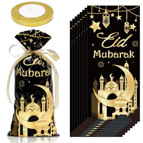 Whaline 100 Pcs Eid Mubarak Cellophane Treat Bags with Ribbon Ramadan Plastic Gift Bags Black Gold Candy Goodie Bags for Islamic Holiday Birthday Party Supplies - color: Black Gold