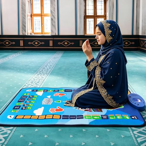 Salah Mat for child, Interactive Prayer & Reverts Learning Surahs, Salah, Duas, & More - Muslim Prayer Rug with 36 Touch Keys, 7 speaking language, Padded Prayer Mat Layer, & Speaker for Ages 8+ - color: Blue