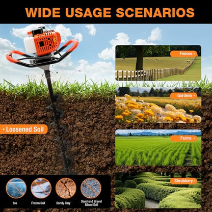 52CC Auger Post Hole Digger, 2-Stroke Gas Powered Earth Auger with 3 Drill Bits (4", 6", 8") and Extension Rod for Fence Posts, Planting, Gardening, and Farmland