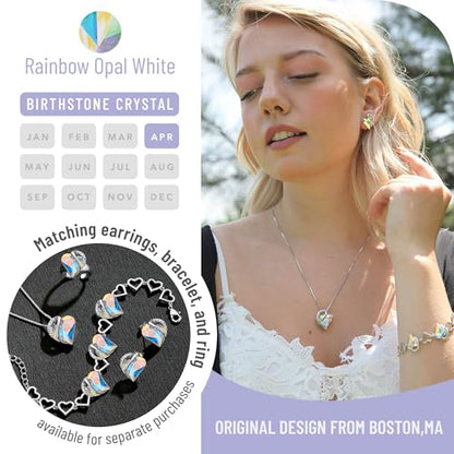 Leafael Gift Necklaces for Women, Infinity Love Birthstone Heart Crystal Pendant, Birthday Anniversary Jewelry for Wife, Mom, and Her, Silver Plated, 18" + 2" Adjustable Chain - color: 04-April-Rainbow Opal White